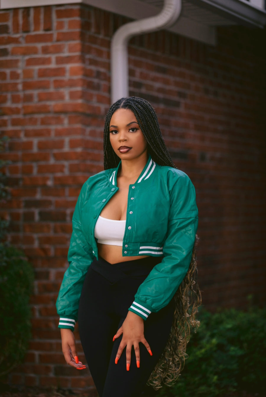 Varsity Cropped Bomber (Green)